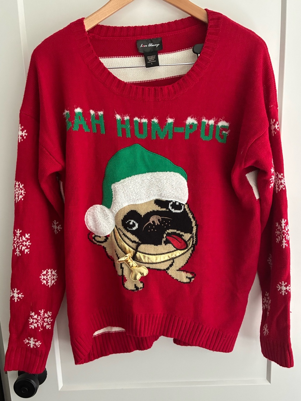 Bah Hum-Pug' Pug Holiday Crewneck Sweater ugly Christmas women large